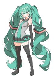 Rule 34 | 1girl, absurdres, aqua hair, aqua necktie, arms at sides, bare shoulders, black footwear, black gloves, black skirt, blue eyes, blush, boots, breasts, closed mouth, collared shirt, commentary, curly hair, elbow gloves, full body, gloves, grey shirt, hair between eyes, hair ornament, hatsune miku, highres, long hair, miniskirt, necktie, number tattoo, open hands, pleated skirt, shirt, shoulder tattoo, skindentation, skirt, sleeveless, sleeveless shirt, small breasts, smile, solo, standing, symbol-only commentary, tattoo, thigh boots, thighhighs, twintails, uruti 2388, very long hair, vocaloid, white background, zettai ryouiki