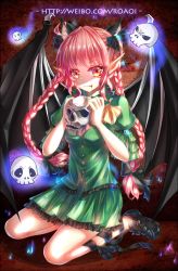 Rule 34 | &gt;:), 1girl, animal ears, bad id, bad pixiv id, bow, braid, cat ears, demon wings, hair bow, hair ribbon, holding, kaenbyou rin, long hair, looking at viewer, meisenraku, pointy ears, red eyes, red hair, ribbon, shoes, sitting, skull, solo, touhou, twin braids, twintails, v-shaped eyebrows, wariza, watermark, web address, wings