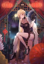 Rule 34 | 1girl, 2020, assault rifle, bare shoulders, black dress, black gloves, blonde hair, breasts, bridal garter, bullpup, china dress, chinese clothes, commentary, commission, dress, english commentary, feather boa, fireworks, girls&#039; frontline, gloves, gun, hand fan, high heels, highres, holding, holding fan, jewelry, korean commentary, lamp, long hair, looking at viewer, new year, niac, night, night sky, official alternate costume, ots-14 (girls&#039; frontline), ots-14 (sangria succulent) (girls&#039; frontline), ots-14 groza, rifle, ring, scope, sky, sleeveless, sleeveless dress, smile, solo, suppressor, umbrella, very long hair, weapon, yellow eyes