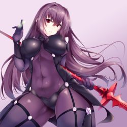 Rule 34 | 1girl, absurdres, armor, bad id, bad pixiv id, bodysuit, breasts, commentary request, covered navel, fate/grand order, fate (series), gae bolg (fate), hair between eyes, highres, holding, holding weapon, large breasts, long hair, looking at viewer, nksk, pauldrons, polearm, purple bodysuit, purple hair, red eyes, scathach (fate), scathach (fate), shoulder armor, solo, spear, veil, very long hair, weapon