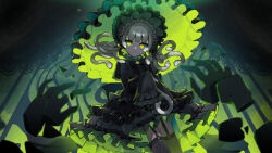 Rule 34 | 1girl, black dress, black headwear, blurry, blurry foreground, bonnet, character request, closed mouth, commentary request, depth of field, disembodied limb, dress, frilled dress, frills, garter straps, gothic lolita, green eyes, green umbrella, grey hair, grey thighhighs, highres, holding, holding umbrella, juliet sleeves, lolita fashion, long hair, long sleeves, looking at viewer, nou (nounknown), original, puffy sleeves, red pupils, sleeves past fingers, sleeves past wrists, snake hair, solo, thighhighs, umbrella, vocaloid