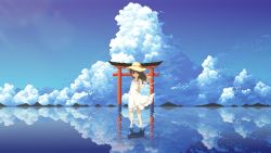 Rule 34 | 1girl, cloud, cloudy sky, dress, hat, highres, melit, nature, outdoors, pixel art, scenery, sky, solo, standing, straw hat, wading, water, white dress
