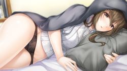 Rule 34 | 1girl, ai kiss 2, aomi maju, bed, blonde hair, blush, breasts, brown eyes, female focus, game cg, giga (company), groin, highres, indoors, kirisawa saki, legs, long hair, looking at viewer, lying, medium breasts, hugging object, on bed, on side, original, panties, parted lips, pillow, pillow hug, ponytail, solo, thighs, under covers, underwear