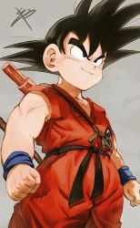 Rule 34 | 1boy, arms at sides, black eyes, black hair, clenched hands, dougi, dragon ball, dragon ball (classic), fingernails, frown, grey background, looking away, male focus, ruyi jingu bang, reeya, short hair, signature, simple background, smile, solo, son goku, spiked hair, standing, tail, upper body, wristband