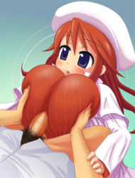Rule 34 | 1girl, alexi (tits!), aty, aty (summon night), blue eyes, blush, grabbing another&#039;s breast, breasts, censored, grabbing, hat, huge breasts, long hair, open mouth, paizuri, paizuri over clothes, penis, pubic hair, red hair, solo focus, summon night, summon night 3