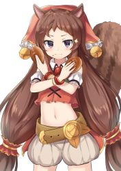 Rule 34 | 1girl, animal ears, bare shoulders, bell, belt, blush, bracelet, brown hair, closed mouth, collared shirt, commentary request, cowboy shot, crop top, crop top overhang, dargo, detached sleeves, eating, food, food on face, frills, hair ornament, hands up, headdress, holding, holding food, jewelry, jingle bell, jitome, legs apart, long hair, looking at viewer, low twintails, midriff, navel, princess connect!, puffy short sleeves, puffy shorts, puffy sleeves, purple eyes, red shirt, rin (princess connect!), shirt, short sleeves, shorts, sidelocks, simple background, solo, sparkle, squirrel ears, squirrel tail, standing, stomach, tail, twintails, v-shaped eyebrows, very long hair, wavy mouth, white background, white shorts