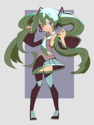 Rule 34 | 1girl, aqua eyes, aqua hair, aqua necktie, armpit peek, black skirt, black thighhighs, breasts, commentary, curly hair, detached sleeves, english commentary, grey background, grey shirt, hand in own hair, hatsune miku, highres, legs apart, long hair, looking at viewer, necktie, no nose, pleated skirt, purple background, rectangle, shirt, sideboob, simple background, skirt, sleeveless, sleeveless shirt, small breasts, smile, solo, thighhighs, topdylan, twintails, two-tone background, very long hair, vocaloid, zettai ryouiki