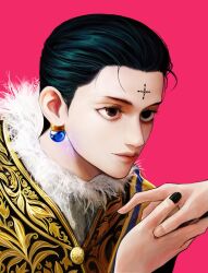Rule 34 | 1boy, black eyes, black hair, black nails, chrollo lucilfer, closed mouth, cross tattoo, dress, earrings, facial mark, facial tattoo, forehead mark, forehead tattoo, glowing, glowing earrings, hair slicked back, highres, holding hands, hunter x hunter, jewelry, looking at another, male focus, pink background, ra ho, short hair, solo, tattoo, yellow dress