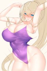Rule 34 | 1girl, arms up, blonde hair, blue eyes, blush, breasts, cleavage, covered navel, curvy, groping, huge breasts, inayama, long hair, looking at viewer, one-piece swimsuit, open mouth, original, ponytail, solo, sweat, swimsuit, thick thighs, thighs, very long hair, wide hips