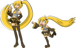 Rule 34 | 2girls, akita neru, blonde hair, chibi, detached sleeves, dual persona, eyebrows, long hair, multiple girls, navel, necktie, open mouth, pointing, side ponytail, simple background, skirt, smith hioka, thighhighs, very long hair, vocaloid, yellow eyes, yellow necktie