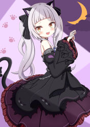 Rule 34 | 1girl, :d, absurdres, animal ears, black dress, black sleeves, brown eyes, cat ears, cat girl, cat tail, cloud, commentary request, crescent, detached sleeves, dress, from side, grey hair, hands up, highres, hololive, jiu (sdesd3205), juliet sleeves, long hair, long sleeves, looking at viewer, looking to the side, murasaki shion, murasaki shion (gothic lolita), open mouth, paw pose, puffy sleeves, purple background, smile, solo, tail, twintails, very long hair, virtual youtuber, wide sleeves