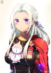 Rule 34 | &gt;:), 1girl, artist name, blush, breasts, cape, chinchongcha, commentary, ascot, edelgard von hresvelg, fire emblem, fire emblem: three houses, gloves, hair ornament, hair ribbon, highres, large breasts, light particles, long hair, looking at viewer, nintendo, portrait, purple eyes, red cape, ribbon, signature, simple background, smile, solo, uniform, upper body, white hair
