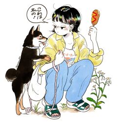 Rule 34 | 1girl, :o, bag, black dog, black hair, blue pants, blush, choppy bangs, collar, collared shirt, corn dog, dog, earrings, emamemamo33, feet, flower, full body, green footwear, hair behind ear, highres, hoop earrings, jewelry, ketchup, leash, looking at animal, mustard, nail polish, original, painting (medium), pants, pink nails, sandals, shiba inu, shirt, shopping bag, short hair, simple background, slav squatting, sleeves rolled up, speech bubble, squatting, t-shirt, toenails, traditional media, watercolor (medium), white background, white collar, white flower, yellow shirt