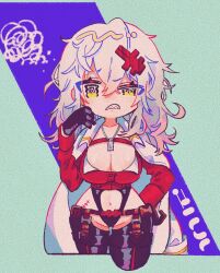 Rule 34 | 1girl, black gloves, black leotard, breasts, chaps, chibi, cleavage, clothing cutout, coat, coat on shoulders, cropped jacket, dog tags, gloves, goddess of victory: nikke, grey hair, hair ornament, hairclip, hand on own cheek, hand on own face, hand on own hip, highres, jacket, large breasts, leotard, long hair, messy hair, navel cutout, red jacket, scar, scar on stomach, sharp teeth, solo, squiggle, stomach cutout, teeth, uniofthedead, white coat, yellow eyes, yulha (nikke)