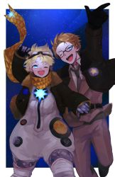 Rule 34 | 2boys, alternate costume, america (hetalia), arm up, axis powers hetalia, baggy clothes, belt, blonde hair, blue eyes, bright pupils, crossover, fate/grand order, fate/requiem, fate (series), glasses, gloves, glowing, goggles, goggles on head, highres, long sleeves, looking at viewer, male focus, multiple boys, necktie, one eye closed, open mouth, pants, parted bangs, scarf, shirakami07, sky, smile, space, spacesuit, star (sky), star (symbol), starry background, starry sky, voyager (fate), voyager (third ascension) (fate), yellow scarf