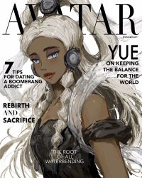 Rule 34 | 1girl, avatar: the last airbender, avatar legends, black dress, blush, braid, character name, chasefox, cover, dark-skinned female, dark skin, dress, english text, eyeshadow, fake magazine cover, forehead, half updo, highres, lipstick, long hair, magazine cover, makeup, mismatched eyebrows, nose, off-shoulder dress, off shoulder, parted hair, red lips, side braids, silver hair, solo, thick eyebrows, twin braids, twitter username, updo, upper body, yue (avatar)