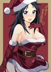 Rule 34 | 1girl, bare shoulders, belt, black belt, blue eyes, blue hair, blush, border, breasts, brown border, christmas, cleavage, commentary, cowboy shot, dress, elbow gloves, freckles, fur-trimmed dress, fur-trimmed gloves, fur trim, garter straps, girls und panzer, gloves, hand on own chest, hat, heart, highres, ichijou takakiyo, large breasts, long hair, looking at viewer, merry christmas, microdress, open mouth, red background, red dress, red gloves, red hat, santa dress, santa gloves, santa hat, simple background, smile, solo, strapless, strapless dress, translated, yamagou ayumi