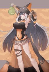 Rule 34 | 1girl, alternate color, animal ears, animal hood, arm up, belt collar, black collar, black hair, black hood, black one-piece swimsuit, body markings, breasts, cetacean tail, collar, commentary, covered navel, fins, fish tail, halloween, highres, hood, hoodie, houh888, indie virtual youtuber, korean commentary, large breasts, long hair, looking at viewer, multicolored hair, navel, one-piece swimsuit, orca girl, purple eyes, shylily, shylily (3rd costume), streaked hair, swimsuit, tail, thigh strap, virtual youtuber, white hair