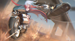 Rule 34 | 1girl, aircraft, breasts, bridge, cleavage, dated, floating hair, gun, helicopter, holding, holding gun, holding weapon, large breasts, looking away, motor vehicle, motorcycle, original, outdoors, shon, signature, uh-1 iroquois, weapon, white hair, yellow eyes