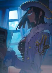 Rule 34 | 1girl, black hair, blue eyes, blunt bangs, blunt ends, coat, cowboy hat, from side, fur-trimmed coat, fur coat, fur trim, hat, highres, holding, holding newspaper, indoors, long sleeves, looking at viewer, medium hair, newspaper, nico robin, nico robin (alabasta), one piece, onecata11, smile, solo, white coat, white hat, window