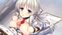 Rule 34 | 1girl, armor, blush, braid, breast press, breasts squeezed together, breasts, breasts out, censored, game cg, grey hair, juukishi cutie bullet, kneeling, large breasts, legs, looking at another, looking up, mosaic censoring, nipples, no bra, open clothes, open mouth, paizuri, penis, purple eyes, reina de medishi, solo focus, standing, thighs, unzipped, yuuki hagure