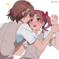 Rule 34 | 2girls, :o, absurdres, bare arms, blush, bow, brown eyes, brown hair, commentary, dated, eye contact, flower, grey vest, hair bow, hair flower, hair ornament, hand on another&#039;s chin, highres, holding another&#039;s wrist, huakuiliehuo, lightning bolt symbol, long hair, looking at another, misaka mikoto, multiple girls, open mouth, red bow, school uniform, shirai kuroko, shirt, short hair, short sleeves, simple background, toaru kagaku no railgun, toaru majutsu no index, tokiwadai school uniform, twintails, vest, white background, white shirt, yuri