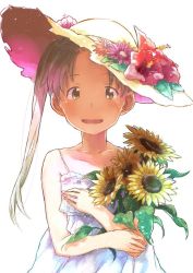 Rule 34 | 10s, 1girl, alternate costume, ayanami (kancolle), brown eyes, brown hair, check commentary, commentary request, flower, hat, hat flower, holding, holding flower, kantai collection, looking at viewer, matsutani, open mouth, side ponytail, sleeveless, smile, solo, sunflower, white background