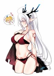 Rule 34 | 1girl, 2girls, antlers, bare shoulders, bikini, black bra, black panties, bra, braid, breasts, chibi, chibi inset, closed mouth, commentary request, cowboy shot, cropped legs, dated, earrings, heart, horns, jewelry, konshin, large breasts, long hair, multiple girls, navel, original, panties, pelvic curtain, pointy ears, ponytail, purple eyes, red bikini, signature, smile, solo focus, swimsuit, thought bubble, underwear, white hair