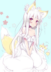 Rule 34 | 1girl, animal, animal ear fluff, animal ears, bare shoulders, between legs, blue background, blush, braid, braided hair rings, closed mouth, dress, fox, fox ears, fox girl, fox tail, hair rings, hand between legs, highres, long hair, looking at viewer, mito (go!go!king!), off-shoulder dress, off shoulder, original, red eyes, short eyebrows, silver hair, smile, solo, tail, tail raised, thick eyebrows, twitter username, v arms, very long hair, white dress
