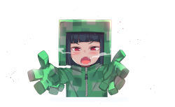Rule 34 | 1girl, black hair, blunt bangs, copyright request, cosplay, creeper, creeper (cosplay), cropped torso, fangs, gloves, green gloves, green jacket, heavy breathing, highres, jacket, looking at viewer, meme, minecraft, newey, open mouth, outstretched arms, reaching, reaching towards viewer, red eyes, simple background, solo, upper body, v-shaped eyebrows, white background