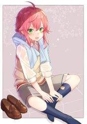 Rule 34 | 1girl, ahoge, artist name, blue socks, blush, character request, copyright request, green eyes, highres, himemiya tori, ion (on01e), kneehighs, knees, loafers, long sleeves, looking at viewer, male focus, open mouth, pink hair, shoes, unworn shoes, short hair, sitting, smile, socks, solo, sweat