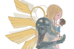 Rule 34 | 2girls, angel wings, armor, blonde hair, breastplate, breasts, brown eyes, brown hair, clothing cutout, digimon, digimon (creature), digimon adventure: (2020), from side, full body, gauntlets, golden wings, green armor, hair between eyes, highres, holding person, large breasts, long hair, looking at another, multiple girls, navel, navel cutout, no headwear, nose, ofanimon, overall shorts, overalls, parted lips, pink scarf, profile, purple legwear, scarf, shirt, shoes, short hair, shoulder armor, sidelocks, simple background, size difference, smile, socks, spikes, standing, tantanmen, tiptoes, upper body, very long hair, whistle, whistle around neck, white background, wings, yagami hikari, yellow footwear, yellow shirt