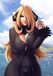 Rule 34 | 1girl, 2018, artist name, blonde hair, blue eyes, breasts, cleavage, cloud, commentary, creatures (company), curvy, cynthia (pokemon), day, english commentary, eyelashes, eyeshadow, female focus, fur trim, game freak, garchomp, gen 1 pokemon, gen 4 pokemon, hair ornament, hair over one eye, highres, holding, holding poke ball, huge breasts, lapras, large breasts, lips, lipstick, long hair, looking at viewer, luminyu, makeup, nintendo, nipples, nose, ocean, outdoors, pants, pink lips, poke ball, pokemon, pokemon (creature), pokemon dppt, sky, smile, solo, solo focus, thick lips, thick thighs, thighs, unaligned breasts, water, wide hips