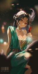 Rule 34 | 1girl, arm support, artist name, backlighting, barcode, belt, black hair, blue dress, blurry, blurry background, blurry foreground, breasts, brown belt, brown eyes, champagne flute, chromatic aberration, cleavage, closed mouth, cup, dark-skinned female, dark background, dark skin, dated, dress, drinking glass, earrings, facial mark, feet out of frame, forehead mark, gem, gold choker, hair ornament, highres, holding, holding cup, jewelry, kaalaa baunaa, long hair, looking at viewer, medium breasts, necklace, official alternate costume, pearl necklace, red gemstone, red wine, reverse:1999, sitting, sleeveless, sleeveless dress, smile, solo, sop side j, wine