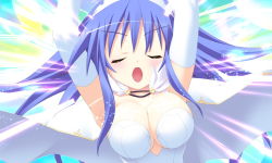 Rule 34 | 1girl, blue hair, breasts, cape, cleavage, closed eyes, game cg, kannagi rei, kujou ria, large breasts, open mouth, solo, twinkle crusaders