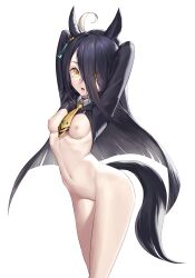 Rule 34 | 1girl, absurdres, adapted costume, ahoge, animal ears, arms up, black hair, blush, bottomless, breasts, commentary, earrings, hair between eyes, highres, horse ears, horse girl, horse tail, jewelry, long hair, long sleeves, looking at viewer, manhattan cafe (umamusume), multicolored hair, navel, nipples, open mouth, simple background, single earring, small breasts, solo, streaked hair, symbol-only commentary, tail, ugohato, umamusume, very long hair, white background, white hair, yellow eyes