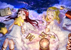 Rule 34 | 10s, 2girls, angel, angel wings, artist request, bare shoulders, blonde hair, book, cloud, crystal ball, dress, closed eyes, flower, frills, head wreath, long hair, looking at another, looking to the side, love live!, love live! school idol festival, love live! sunshine!!, lying, multiple girls, off shoulder, official art, ohara mari, on back, on stomach, open mouth, orange eyes, purple flower, purple rose, red hair, rose, sakurauchi riko, sandals, short hair, smile, star (symbol), stuffed toy, wings