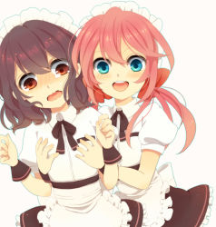 Rule 34 | 2boys, :d, apron, blue eyes, blush, brown eyes, brown hair, crossdressing, groping, inazuma eleven, inazuma eleven (series), inazuma eleven go, kasuga (aricever), kirino ranmaru, long hair, low twintails, maid, maid apron, maid headdress, male focus, multiple boys, open mouth, pink hair, shindou takuto, simple background, smile, trap, twintails, wavy mouth, white background