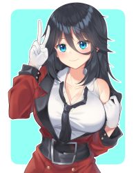 Rule 34 | 1girl, absurdres, belt, belt buckle, black necktie, blouse, blue background, blue eyes, blush, border, breasts, buckle, cleavage, closed mouth, coat, collarbone, collared shirt, commentary request, gloves, griffin &amp; kryuger military uniform, hand up, highres, large breasts, long sleeves, looking at viewer, necktie, off shoulder, open clothes, open coat, original, outline, outside border, red coat, rynzfrancis, shirt, simple background, sleeveless, sleeveless shirt, smile, solo, undressing, v, white border, white gloves, white outline, white shirt