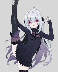 Rule 34 | 1girl, absurdres, ahoge, arm up, bat ornament, black footwear, black ribbon, black thighhighs, boots, cross, fingernails, fishnet thighhighs, fishnets, grey background, grey hair, hair between eyes, hair ribbon, highres, leg lift, long hair, looking at viewer, open mouth, original, red eyes, ribbon, simple background, sleeves past wrists, slit pupils, solo, split, standing, standing on one leg, standing split, thigh boots, thighhighs, vampire, yamanasi mikage