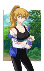 Rule 34 | 1girl, 2021, alternate costume, black bra, black pants, bottle, bra, breasts, brown eyes, brown hair, cleavage, closed mouth, collarbone, dated, day, high ponytail, highres, holding, holding bottle, jacket, large breasts, long hair, looking at viewer, midriff, mini (pixiv6327751), off shoulder, open clothes, open jacket, outdoors, pants, solo, sports bra, standing, stomach, tenjouin asuka, twitter username, underwear, yu-gi-oh!, yu-gi-oh! gx