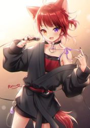 Rule 34 | 1boy, animal ear fluff, animal ears, bad id, bad twitter id, blouse, brown background, collar, dog boy, dog ears, fangs, gradient background, heterochromia, japanese clothes, la kokiii, looking at viewer, male focus, microphone, music, open mouth, purple eyes, red hair, red shirt, rinu (niconico), shirt, short hair, simple background, singing, smile, solo, strawberry prince, tagme, utaite, white background, yellow eyes