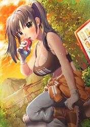 Rule 34 | 1girl, bandaid, bandaid on face, bandaid on nose, black hair, black sports bra, boots, breasts, brown eyes, brown footwear, bush, can, cleavage, clothes around waist, cloud, commentary request, drink can, drinking, evening, gloves, grey pants, highres, kirisaki shuusei, leaf, looking at viewer, medium breasts, mountain, on railing, orange sweater, original, outdoors, pants, power lines, railing, signature, sitting, soda can, sports bra, sunset, sweat, sweater, sweater around waist, tree, twintails, vending machine, white gloves