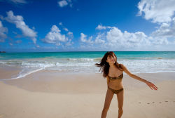 Rule 34 | 1girl, beach, bikini, breasts, cleavage, navel, ocean, photo (medium), smile, solo, standing, sugimoto yumi, swimsuit, tagme
