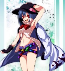 Rule 34 | 1girl, adapted costume, arm up, armpits, bad id, bad pixiv id, belt, black gloves, blue hair, bow, breasts, coat, fang, fingerless gloves, food, fruit, gloves, hand on headwear, hat, highres, hinanawi tenshi, midriff, multiple belts, navel, open clothes, open coat, open fly, open shirt, peach, red eyes, shirt, short shorts, shorts, sleeveless, sleeveless shirt, smile, solo, touhou, tsukishiro saika, unzipped