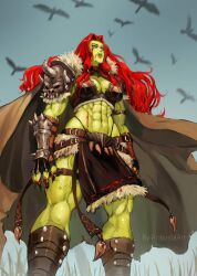 Rule 34 | 1girl, abs, armor, blood, blood on hands, bracer, breasts, cape, cleavage, colored skin, fangs, female orc, fur trim, green eyes, green skin, highres, large breasts, loincloth, long hair, looking up, muscular, muscular female, orc, original, pauldrons, red hair, robusta mania, shoulder armor, signature, skull, sky, solo, teeth, thong, veins, veiny arms
