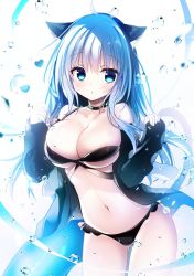 Rule 34 | 1girl, ahoge, animal ear fluff, animal ears, bare shoulders, bikini, black bikini, black jacket, blue eyes, breasts, cat ears, cat tail, choker, cleavage, collarbone, cowboy shot, gluteal fold, hands up, heart, highres, jacket, large breasts, long hair, long sleeves, looking at viewer, navel, off shoulder, open clothes, open jacket, original, parted lips, shiromochi sakura, solo, swimsuit, tail, water drop, white background, white hair