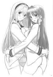 Rule 34 | 00s, 2girls, ass, blush, bottomless, bow, breast press, breasts, clannad, cleft of venus, frottage, fujibayashi kyou, greyscale, hair bow, hairband, highres, large breasts, long hair, monochrome, multiple girls, nipples, open mouth, panties, panty pull, pussy, sakagami tomoyo, school uniform, symmetrical docking, thighhighs, tony taka, uncensored, underwear, yuri