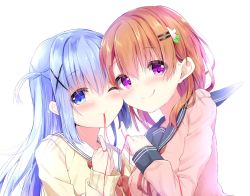 Rule 34 | 2girls, :q, ;), black sailor collar, blue eyes, blue hair, blush, brown hair, brown sweater, cheek-to-cheek, closed mouth, commentary request, gochuumon wa usagi desu ka?, hair between eyes, hair ornament, hairclip, heads together, hoto cocoa, kafuu chino, kouda suzu, long hair, long sleeves, looking at viewer, multiple girls, neck ribbon, neckerchief, one eye closed, one side up, pink sweater, purple eyes, red ribbon, ribbon, sailor collar, simple background, sleeves past wrists, smile, string, string around finger, string of fate, sweater, tongue, tongue out, upper body, white background, white sailor collar