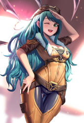 Rule 34 | ;d, alternate costume, alternate hair color, aviator cap, aviator irelia, aviator sunglasses, belt, blade, blush, breasts, cleavage, fur trim, goggles, goggles on head, green eyes, highres, irelia, league of legends, long hair, looking at viewer, medium breasts, moonandmist, nail polish, one eye closed, open mouth, pilot suit, red nails, salute, short sleeves, smile, solo, sunglasses, swept bangs, unzipped, v, very long hair, zipper